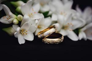 zwei Hochzeit Ringe mit Weiß Blumen. Liebe Konzept. ai generiert foto