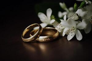 zwei Hochzeit Ringe mit Weiß Blumen. Liebe Konzept. ai generiert foto