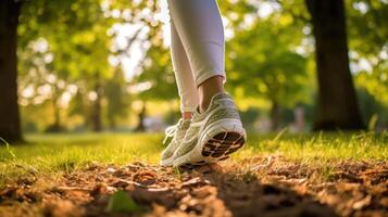 Frau Gehen im das Park. ai generiert foto