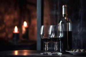 Restaurant Hintergrund mit zwei Wein Brille und ein Wein Flasche auf Tisch, Kopieren Raum ai generiert foto