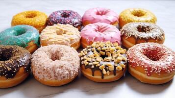 Süss sortiert Donuts zum National Donuts Tag. ai generiert foto