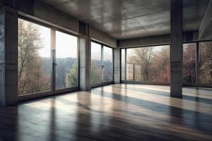 Innere von modern Dachgeschoss mit Beton Fußboden und Panorama- Fenster. generativ ai foto