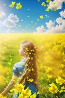 Mädchen im ein Feld von Gelb Blumen mit Blätter fliegend und Blau Himmel ai generiert foto