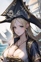 Pirat Mädchen mit Pirat Hut und Meer im Hintergrund ai generiert foto