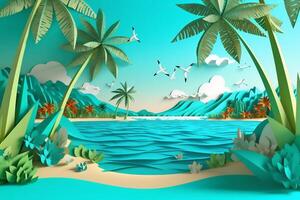 Sommer- Strand Hintergrund mit tropisch und Palme Bäume Landschaft zum Banner, generativ ai foto