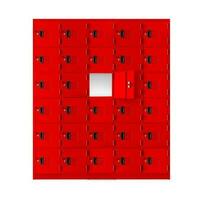 Anzahlung rot Schließfach Kisten oder Fitnessstudio Schließfächer Innerhalb von ein Zimmer mit einer zentral geöffnet Tür foto