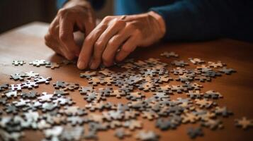 ein Person Hände Montage ein Puzzle Puzzle, mit Puzzle Stücke verstreut auf ein Tisch. ai generiert foto