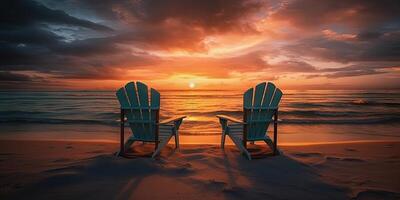 Sonnenaufgang Ozean Sicht. Paradies Strand Stühle im das heiter Seelandschaft ai generiert foto