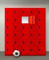 Fußball Ball und rot Schließfach oder Fitnessstudio Schließfach im ein Zimmer mit ein Single Tür im das Mitte. foto