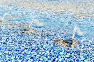 sauber rein Wasser Oberfläche von ein Stadt Brunnen. erfrischend ökologisch Wasser im Sommer- Hitze sonnig Tag. foto