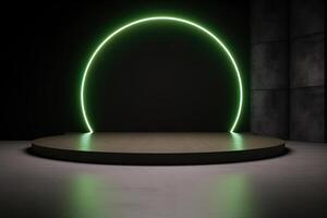 ein kreisförmig Plattform Podium mit Grün Neon- Licht auf dunkel Hintergrund. ai generiert foto