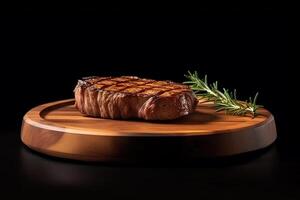 ein hölzern Tafel von saftig köstlich Rindfleisch Steak auf ein dunkel Hintergrund. Fleisch Gericht mit Gewürze und Kräuter. ai generiert foto