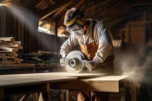 .Tischler Arbeiten im seine Zimmerei Werkstatt. zuversichtlich jung männlich Zimmermann im schützend Maske und Arbeiten mit Holz im seine Werkstatt generativ ai foto