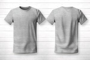 grau männlich T-Shirt realistisch Attrappe, Lehrmodell, Simulation einstellen von Vorderseite und zurück Sicht, leer Textil- drucken Design Vorlage zum Mode Kleidung. ai generiert foto