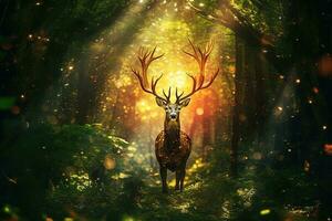 ein magisch Fee Geschichte Wald mit Reh. ein mythisch Reich ist mögen etwas aus von ein Märchenbuch. ai generiert foto