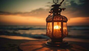 glühend Laterne leuchtet still Küste beim Dämmerung generiert durch ai foto