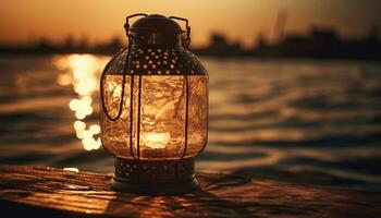 glühend Laterne leuchtet alt gestaltet nautisch Schiff beim Dämmerung generiert durch ai foto
