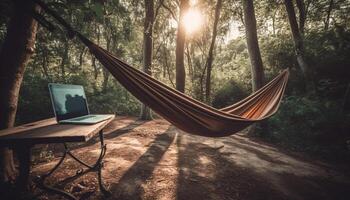 Männer Sitzung im Hängematte, genießen Natur Ruhe generiert durch ai foto