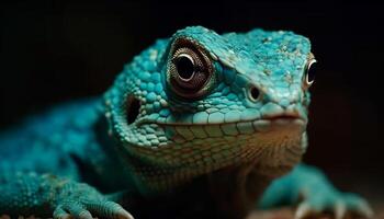 Grün Gecko starren mit Blau Tier Auge generiert durch ai foto