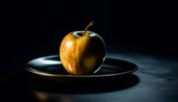 reif Apfel auf nass Blatt, gesund Snack Möglichkeit generiert durch ai foto