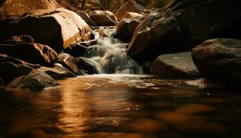 glatt fließend Wasser spiegelt still Wald Landschaft generiert durch ai foto