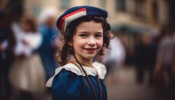 lächelnd Mädchen im traditionell Kostüm, draußen spielen generiert durch ai foto