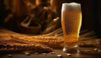 schaumig Bier im rustikal Brauerei, erfrischend Erfrischung generiert durch ai foto