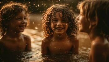 glücklich Kinder spielen im das Schwimmbad zusammen generiert durch ai foto