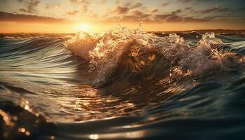 Sonnenuntergang Surfer Reiten Wellen im tropisch Paradies generiert durch ai foto
