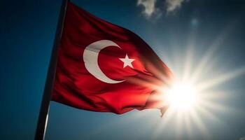 Türkisch Flagge winken majestätisch im das Sonnenlicht generiert durch ai foto