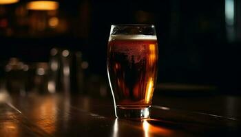 schaumig Bier Glas auf hölzern Bar Zähler generiert durch ai foto