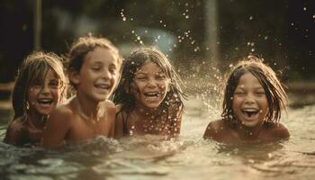 lächelnd Kinder spielen im das Schwimmen Schwimmbad generiert durch ai foto