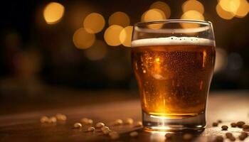 schaumig Bier im Gold Glas auf hölzern Tabelle generiert durch ai foto