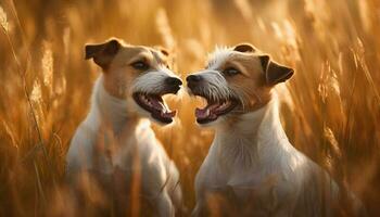 spielerisch Hündchen und Retriever genießen Sommer- Wiese im Sonnenuntergang Glück generativ ai foto