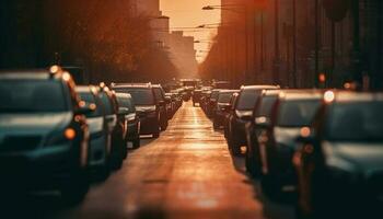 Fahren durch überfüllt Stadt Straßen beim Nacht, der Verkehr Marmelade voraus generativ ai foto