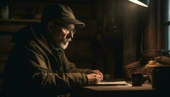 ein grau behaart Senior Mann lesen im ein alt gestaltet Werkstatt generativ ai foto