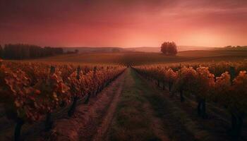 ein still Sonnenuntergang Über ein Weinberg im das Chianti Region generativ ai foto