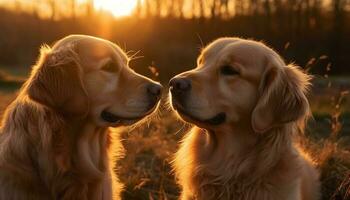 zwei spielerisch golden Retriever genießen das Sommer- Sonne im Wiese generativ ai foto