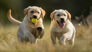 zwei spielerisch Retriever Laufen im das Sommer- Sonne, rein Freude generativ ai foto