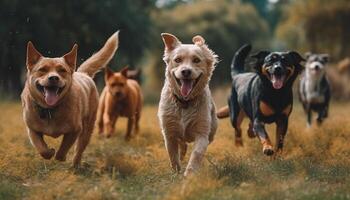 ein spielerisch Terrier Hündchen läuft durch das Wiese mit Glück generativ ai foto