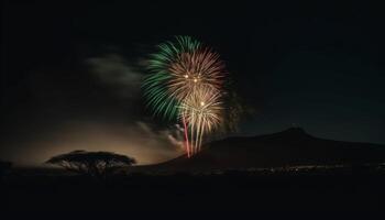 explosiv Feuerwerk Anzeige leuchtet dunkel Sommer- Nacht Himmel draußen generativ ai foto