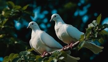 zwei Vögel sich niederlassen auf Zweig, suchen aus beim Freiheit generativ ai foto