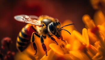 ein beschäftigt Honig Biene bestäubt ein Gelb Blume im Frühling generativ ai foto