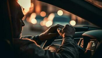 Erwachsene männlich Fahren Auto beim Nacht, halten Clever Telefon schließen oben generativ ai foto