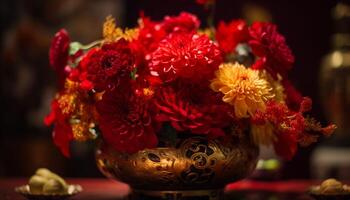 Herbst Eleganz ein Single Chrysantheme im ein Rosa Vase draußen generiert durch ai foto