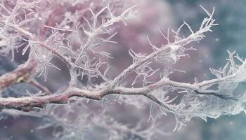 Winter Schönheit gefangen im schließen oben von Frost auf Kiefer Baum generiert durch ai foto