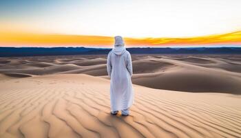 einer Person Stehen, Gehen im trocken Afrika extrem Terrain generiert durch ai foto