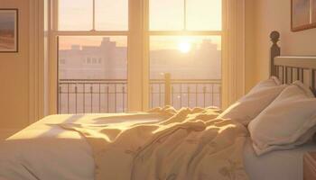 komfortabel modern Bett im ein still inländisch Zimmer mit Sonnenlicht generiert durch ai foto