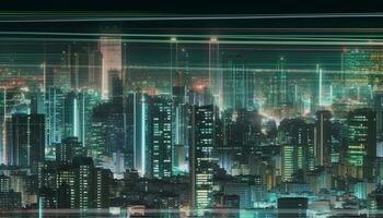 futuristisch Wolkenkratzer leuchtet Stadt Horizont mit multi farbig glühend Beleuchtung generiert durch ai foto