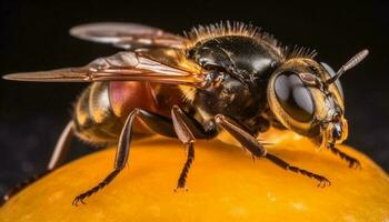 klein Biene Sammeln Pollen auf Gelb Blume im Natur Makro generiert durch ai foto